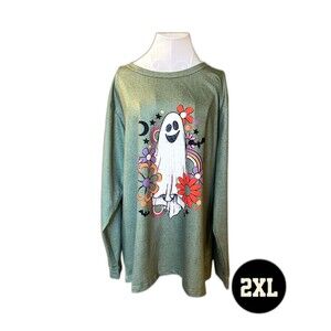 "NEW" Women's Hippie Themed Halloween Ghost With Flowers & Rainbows 2XL T-Shirt